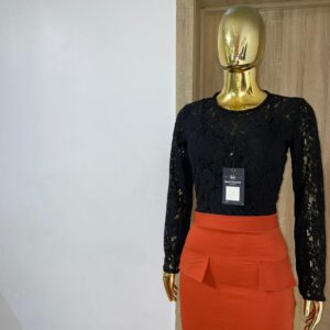 Orange long skirt and lace top